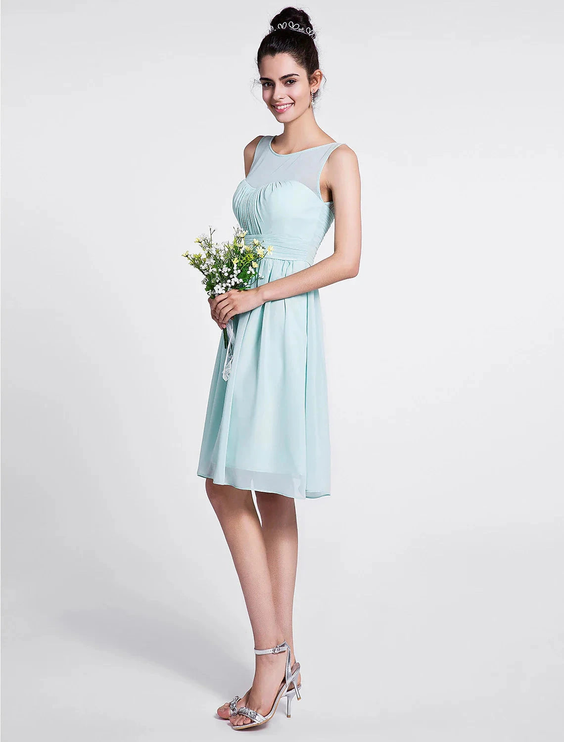 A-Line Bridesmaid Dress Scoop Neck Sleeveless Knee Length Chiffon with Ruched / Draping by YiHuiw