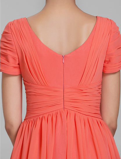 Sheath / Column Bridesmaid Dress V Neck Short Sleeve Vintage Inspired Knee Length Chiffon with Ruched / Draping by YiHuiw