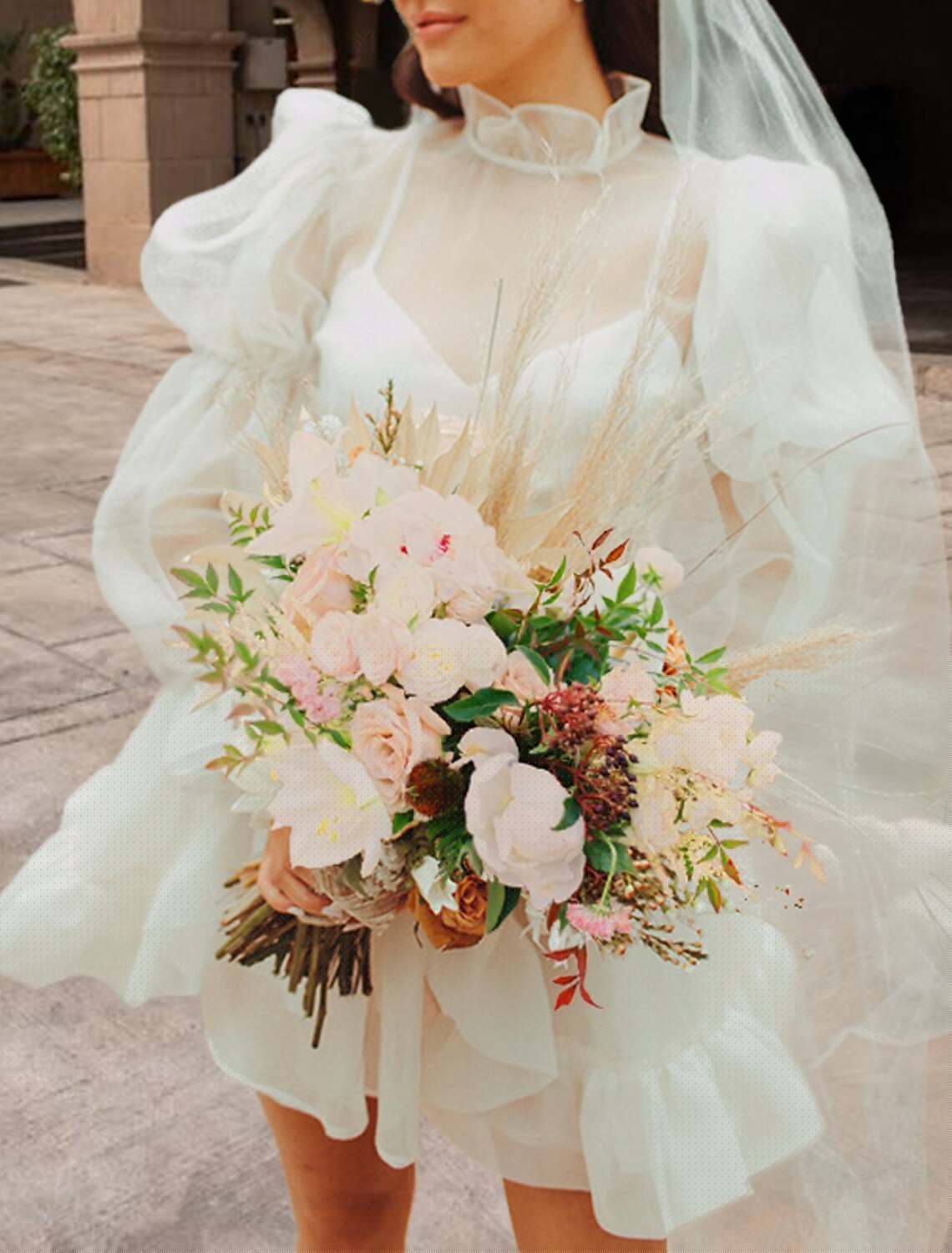 Reception Little White Dresses Wedding Dresses A-Line High Neck Long Sleeve Short / Mini Organza Bridal Gowns With Pick Up Skirt by YiHuiw