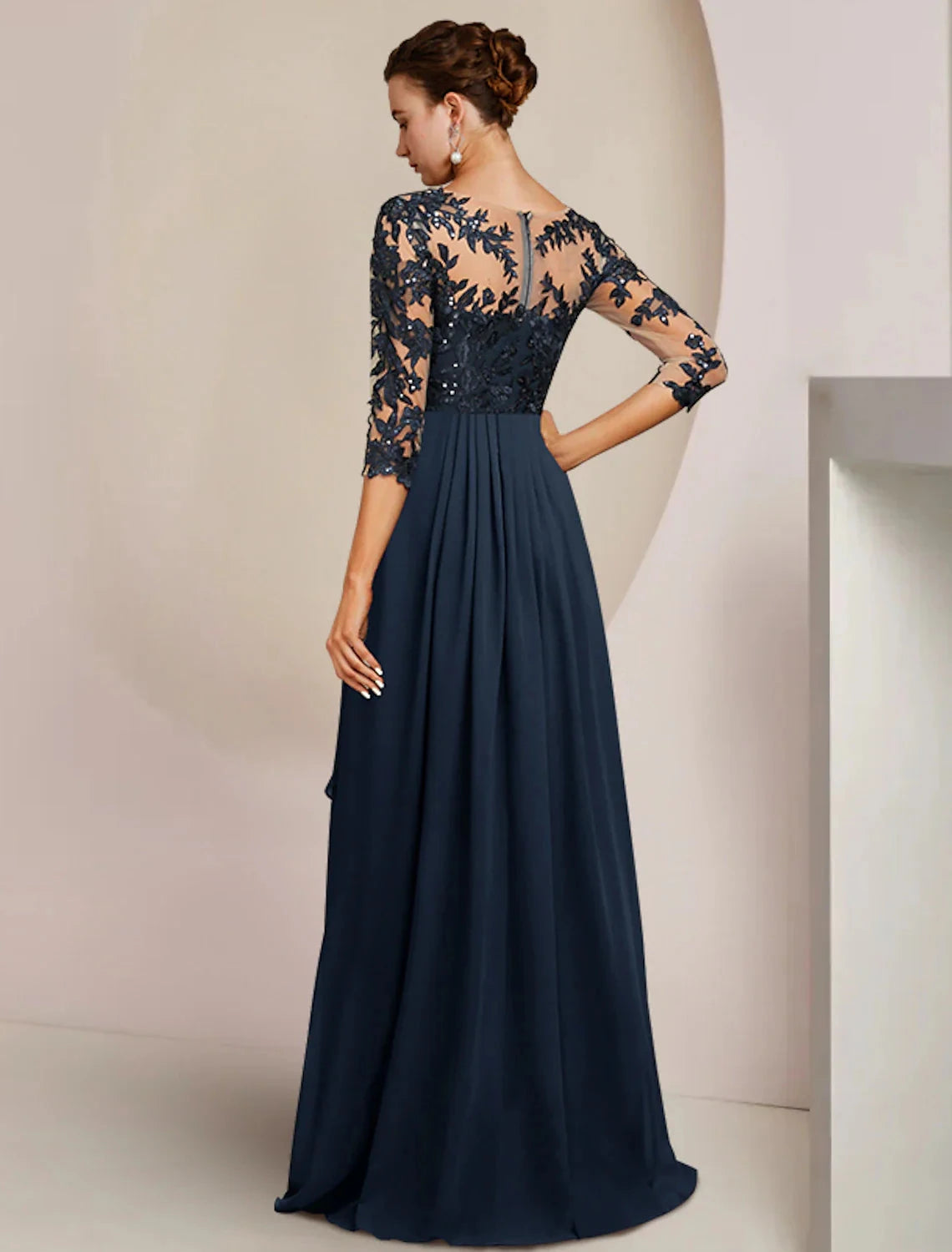A-Line Mother of the Bride Dress Wedding Guest Elegant High Low V Neck Ankle Length Chiffon Lace 3/4 Length Sleeve with Sequin Appliques 2 by YiHuiw