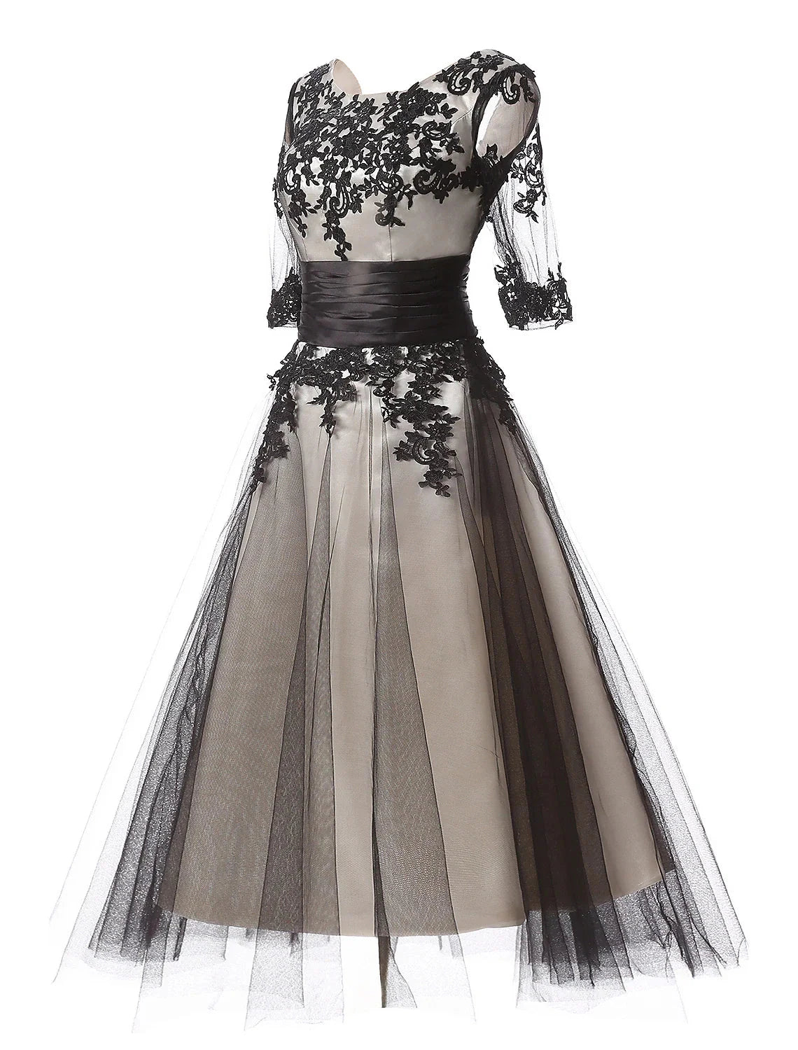 Ball Gown Evening Gown Color Block Dress Formal Evening Ankle Length Half Sleeve Jewel Neck Fall Wedding Guest Lace with Lace Insert Appliques by YiHuiw