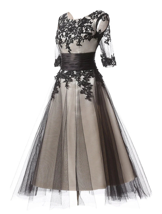 Ball Gown Evening Gown Color Block Dress Formal Evening Ankle Length Half Sleeve Jewel Neck Fall Wedding Guest Lace with Lace Insert Appliques by YiHuiw