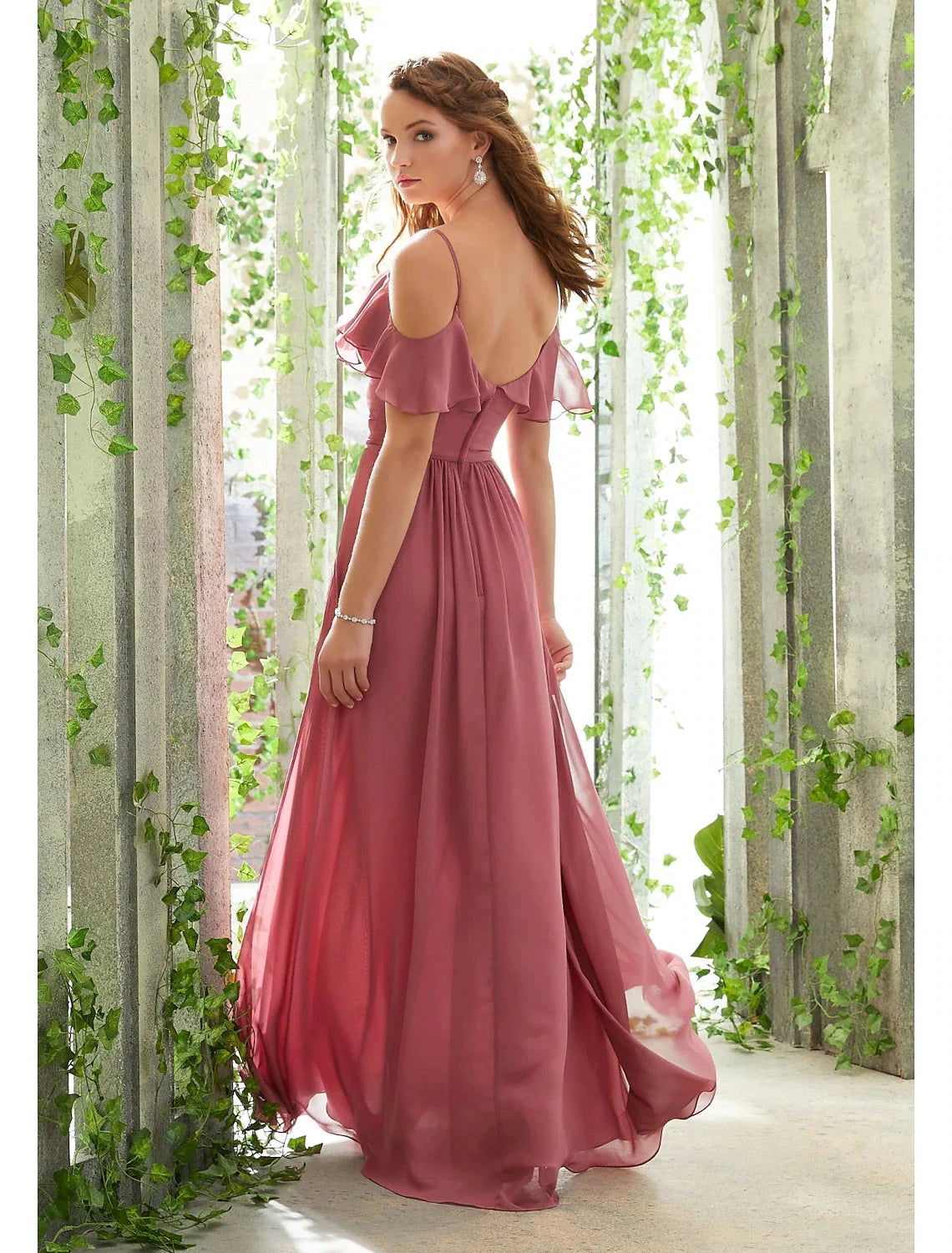 A-Line Bridesmaid Dress Spaghetti Strap Short Sleeve Open Back Floor Length Chiffon with Ruffles / Ruching by YiHuiw