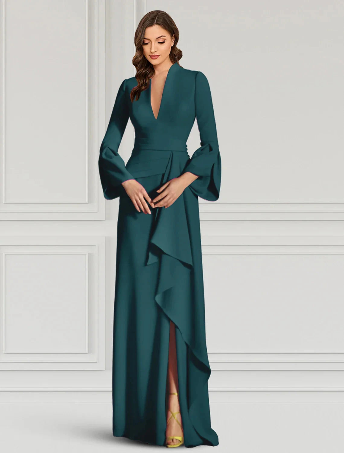 Sheath / Column Evening Gown Elegant Dress Formal Cocktail Party Dress Floor Length Long Sleeve V Neck Fall Wedding Guest Fabric with Ruffles by YiHuiw