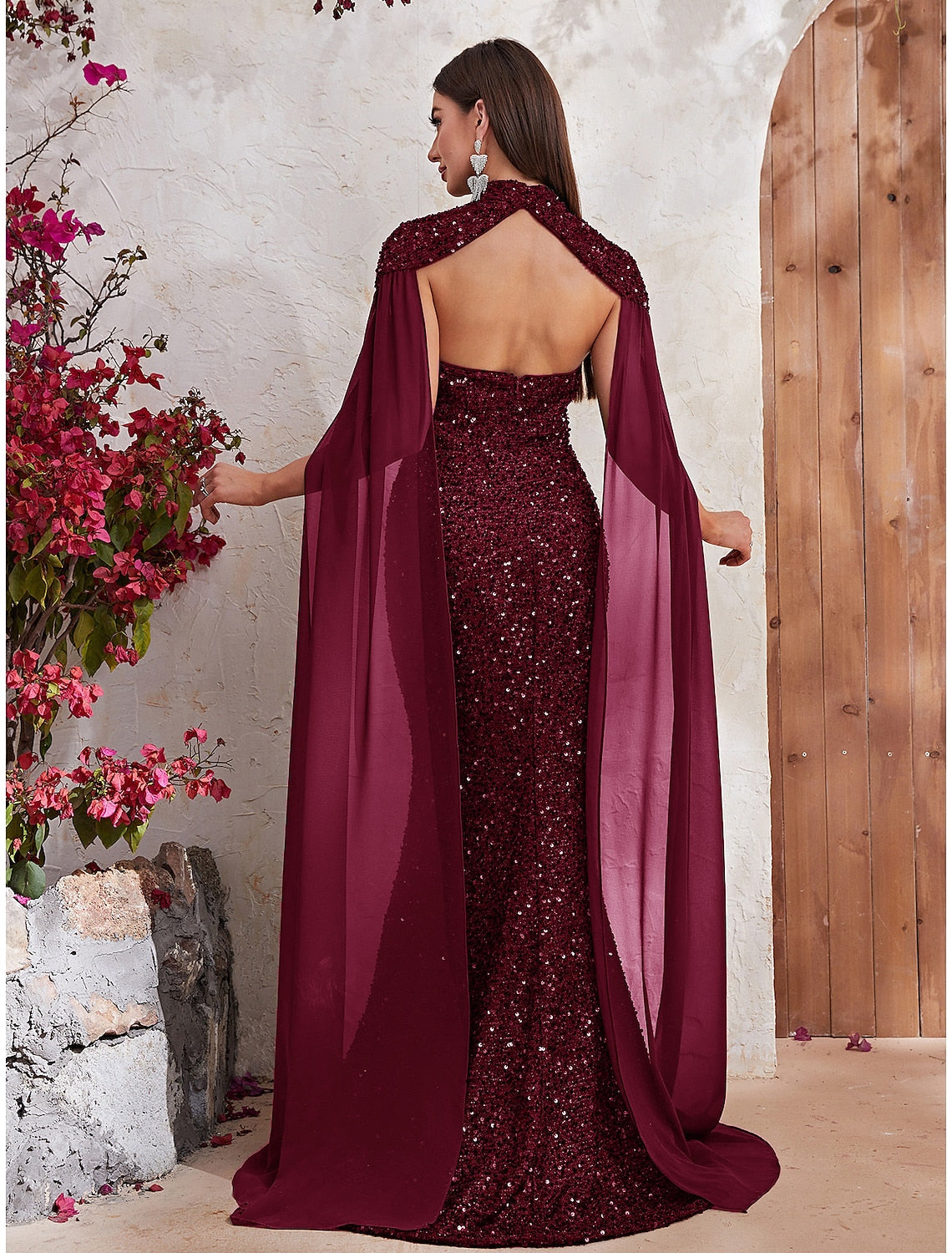 Mermaid / Trumpet Evening Gown Backless Dress Formal Wedding Reception Sweep / Brush Train Sleeveless High Neck Capes Sequined with Sequin by YiHuiw