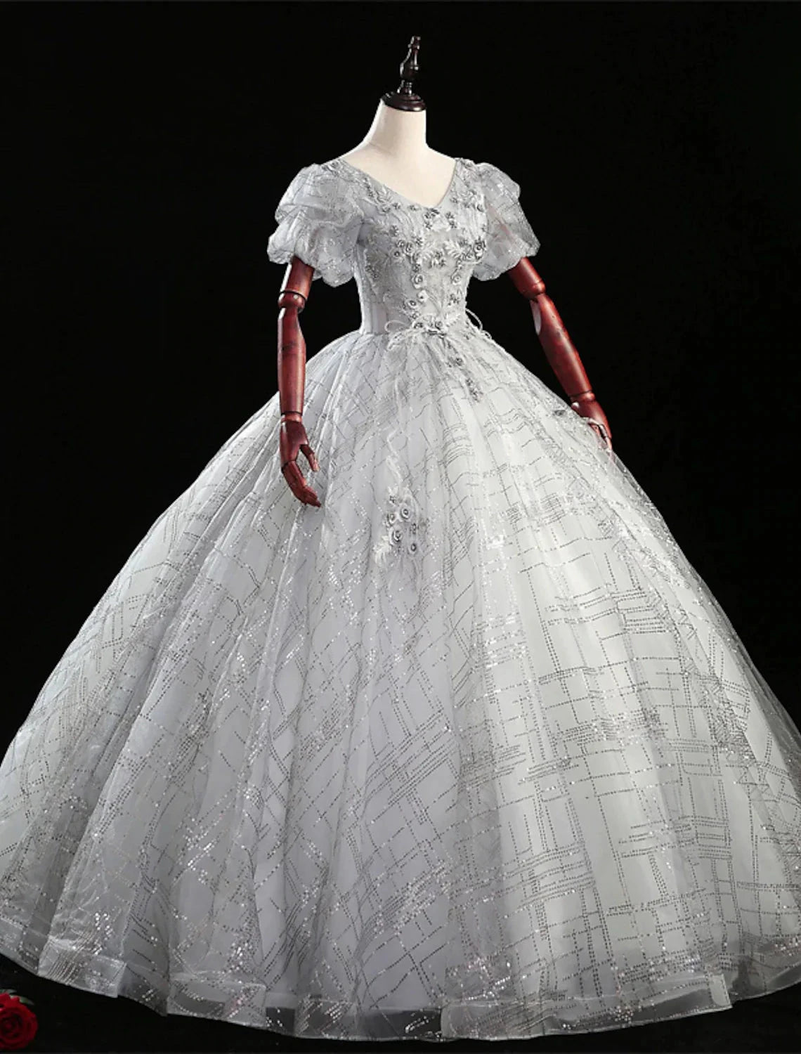 Ball Gown Quinceanera Dresses Princess Dress Performance Quinceanera Floor Length Short Sleeve V Neck Polyester with Beading by YiHuiw