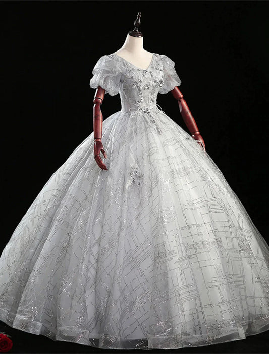 Ball Gown Quinceanera Dresses Princess Dress Performance Quinceanera Floor Length Short Sleeve V Neck Polyester with Beading by YiHuiw