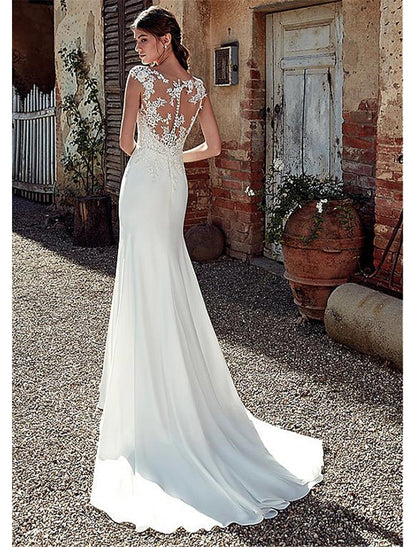 Beach Open Back Wedding Dresses Mermaid / Trumpet Illusion Neck Cap Sleeve Court Train Chiffon Outdoor Bridal Gowns With Appliques Summer Fall Wedding Party Women‘s Clothing by YiHuiw