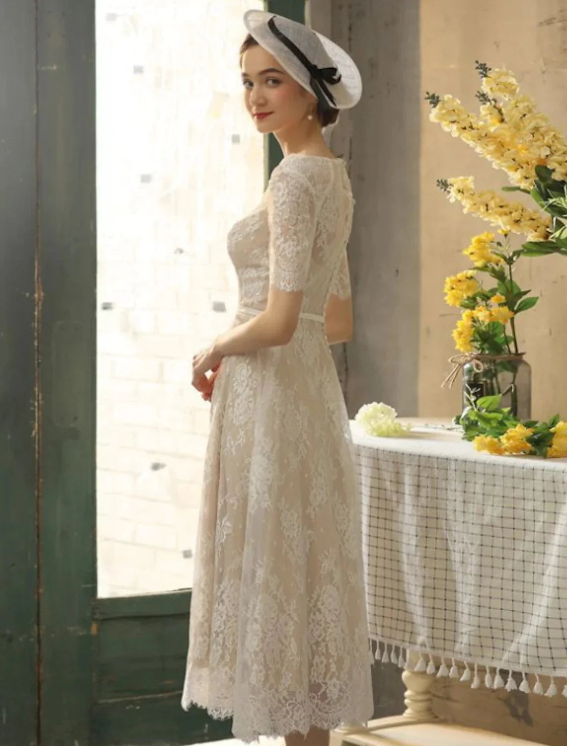 Reception Fall Wedding Dresses Little White Dresses in Color A-Line Illusion Neck Half Sleeve Tea Length Lace Bridal Gowns With Sash / Ribbon Appliques Summer Party Women's Clothing by YiHuiw
