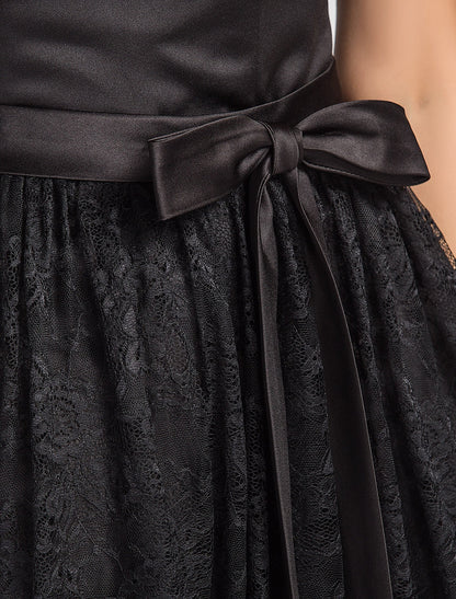 Ball Gown / A-Line Bridesmaid Dress Bateau Neck Sleeveless Little Black Dress Tea Length Lace / Charmeuse with Lace / Draping by YiHuiw