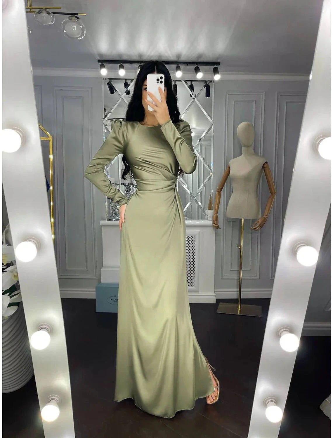 Sheath Party Dress Evening Gown Elegant Dress Wedding Guest Fall Floor Length Long Sleeve High Neck Bridesmaid Dress Satin with Ruched by YiHuiw