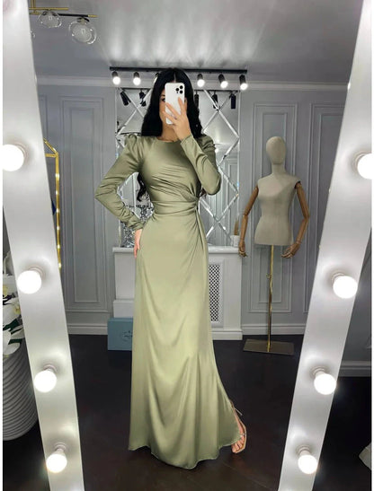 Sheath Party Dress Evening Gown Elegant Dress Wedding Guest Fall Floor Length Long Sleeve High Neck Bridesmaid Dress Satin with Ruched by YiHuiw