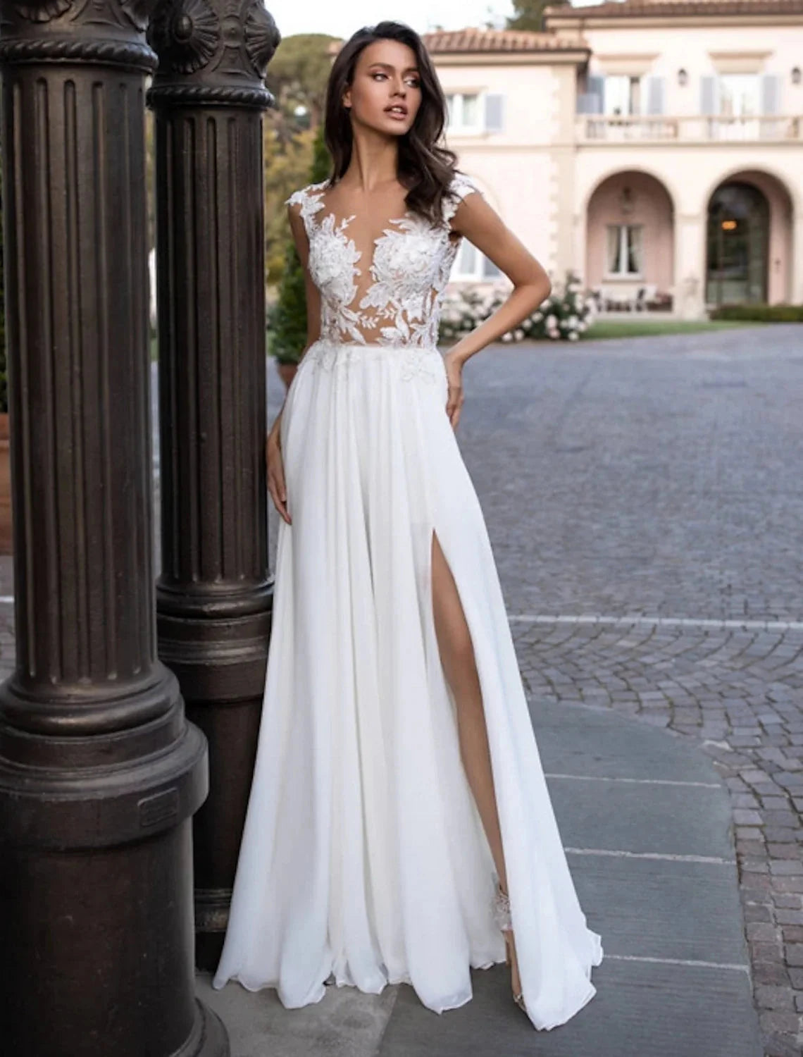 Beach Open Back Wedding Dresses A-Line Illusion Neck Cap Sleeve Sweep / Brush Train Chiffon Bridal Gowns With Appliques Split Front Summer Wedding Party, Women's Clothing by YiHuiw
