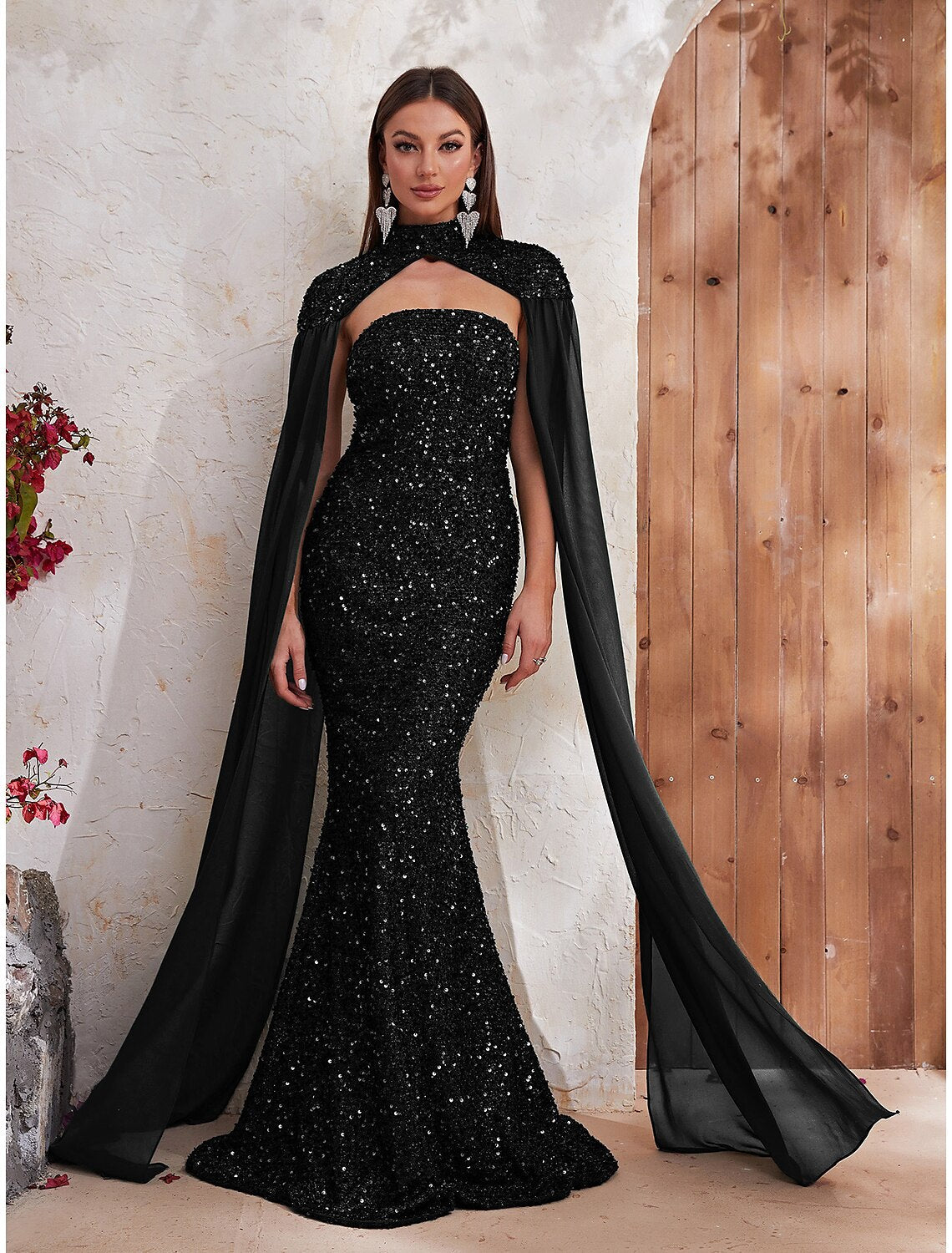 Mermaid / Trumpet Evening Gown Backless Dress Formal Wedding Reception Sweep / Brush Train Sleeveless High Neck Capes Sequined with Sequin by YiHuiw
