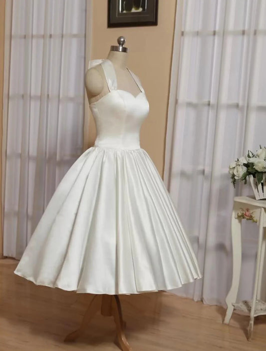 Ball Gown A-Line Cocktail Dresses Minimalist Dress Engagement Cocktail Party Tea Length Sleeveless Halter Neck Italy Satin with Butterfly Pure Color