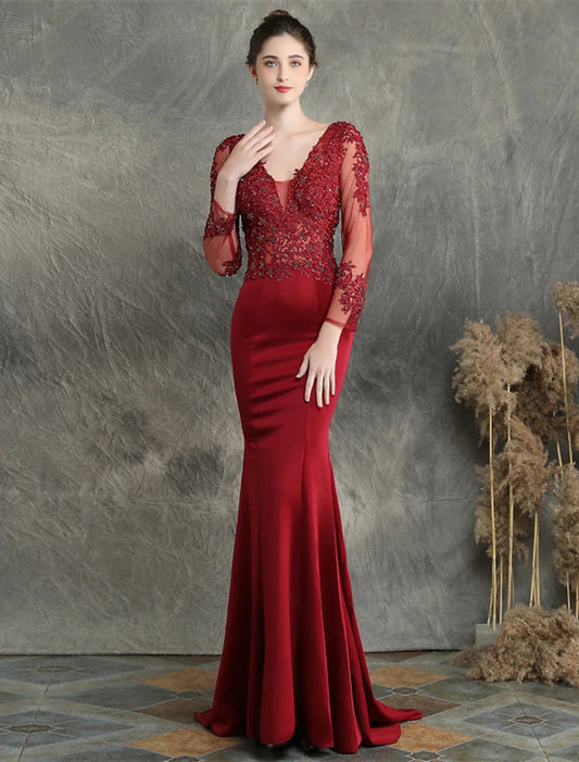 Mermaid / Trumpet Prom Dresses Elegant Dress Formal Wedding Guest Sweep / Brush Train Long Sleeve V Neck Cotton Blend with Beading Appliques by YiHuiw