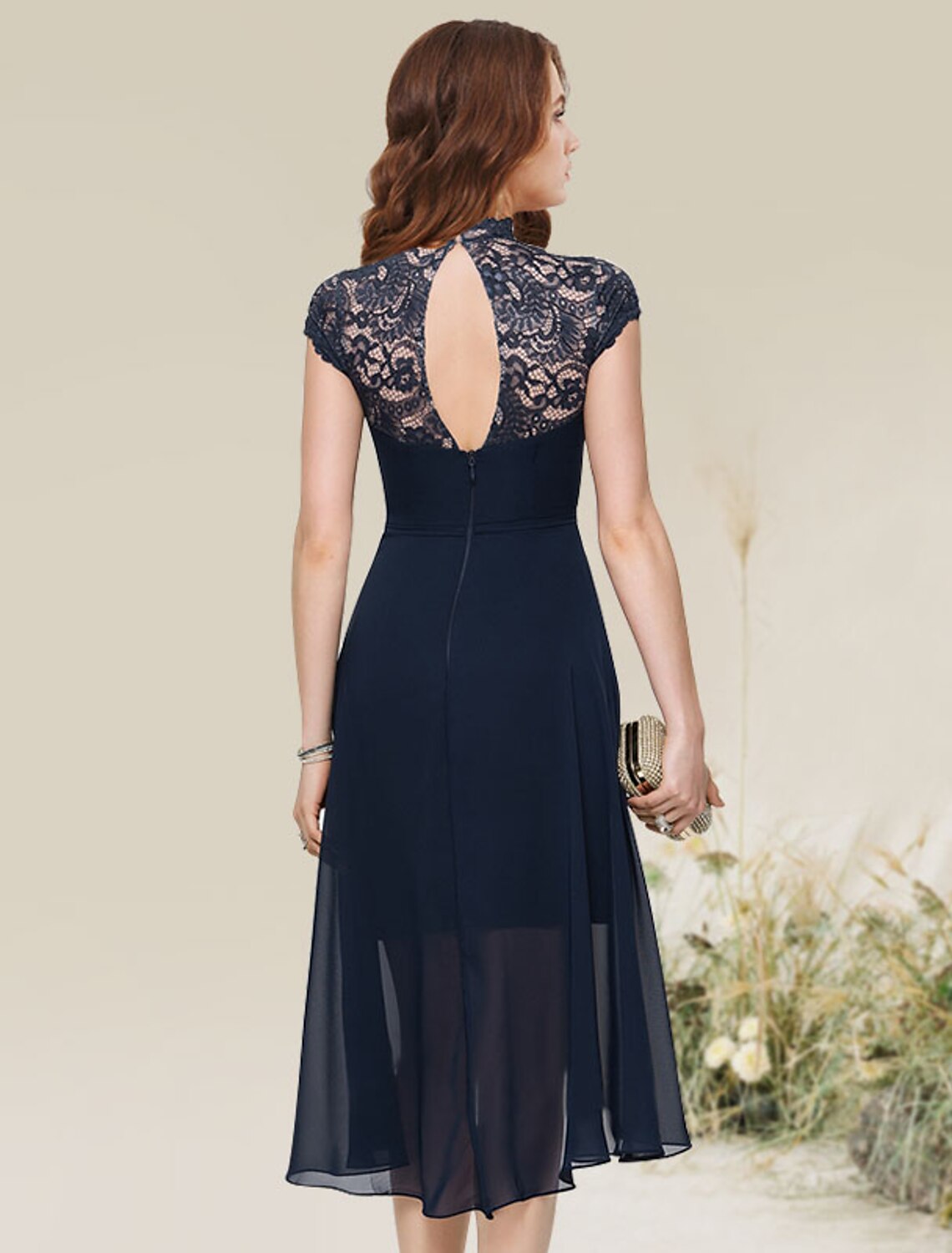 A-Line Cocktail Dresses Flirty Dress Homecoming Wedding Guest Asymmetrical Sleeveless Jewel Neck Chiffon with Lace Insert by YiHuiw