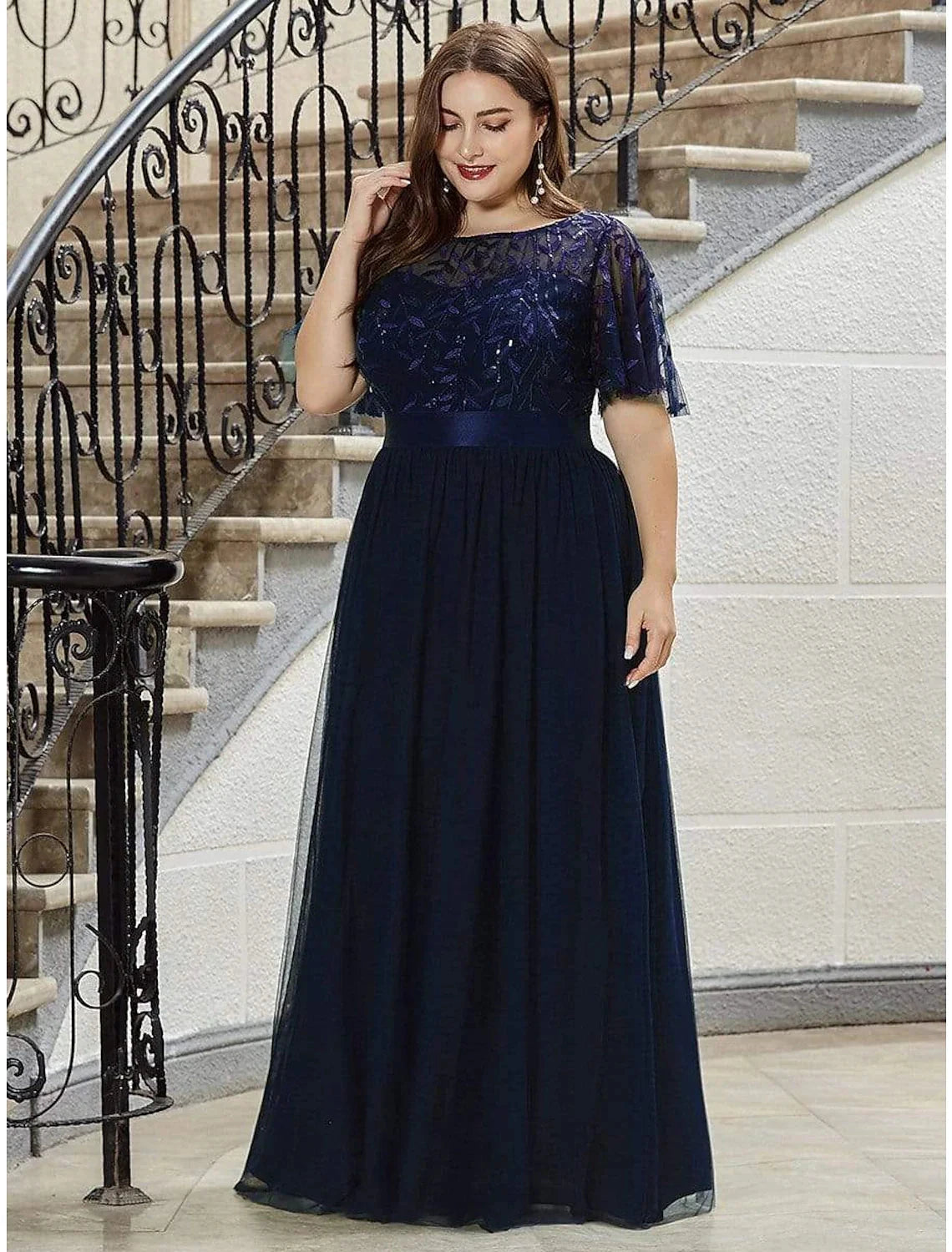 A-Line Empire Elegant Party Wear Prom Dress Jewel Neck Short Sleeve Floor Length Tulle with Embroidery by YiHuiw