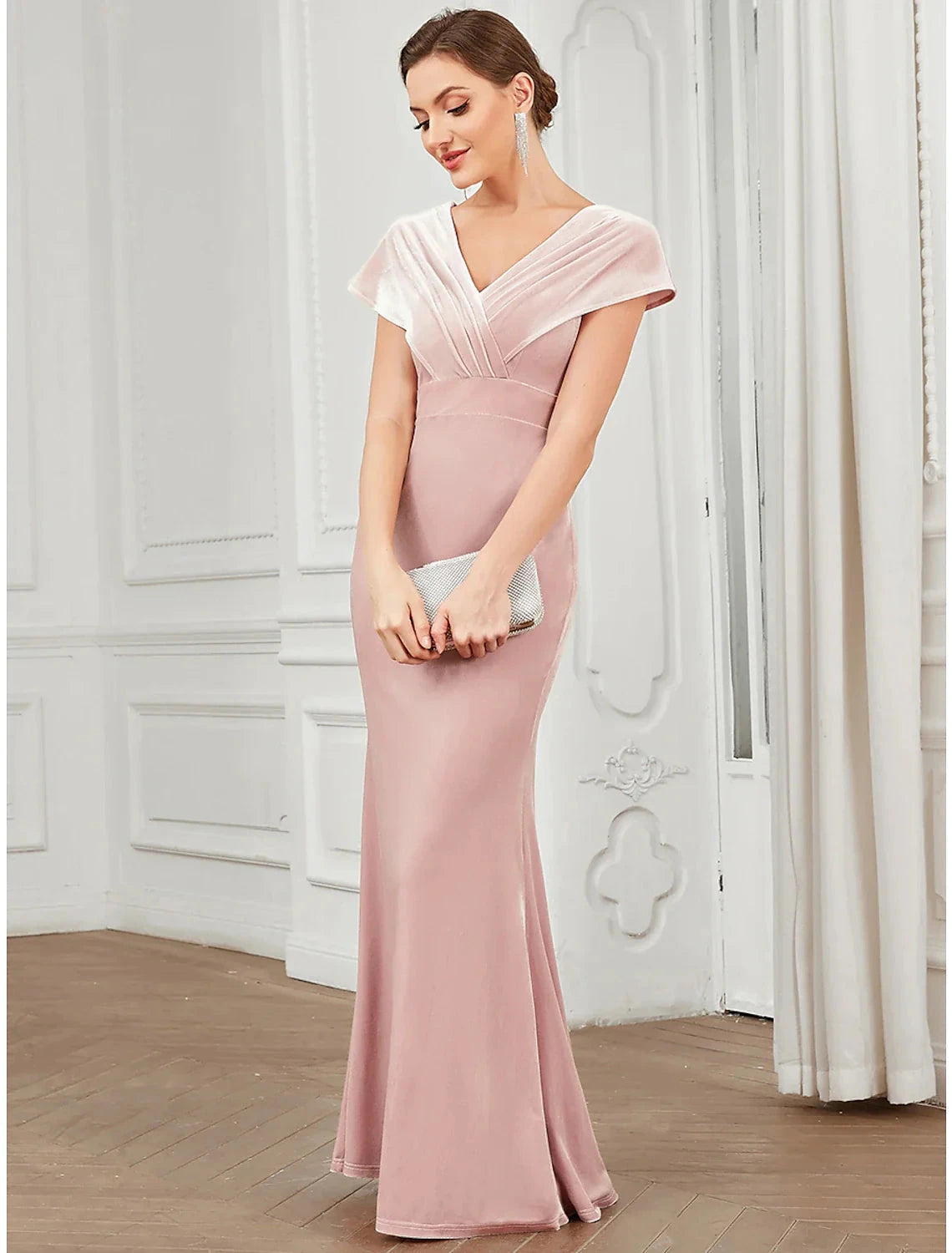 Mermaid / Trumpet Evening Gown Vintage Dress Christmas Floor Length Short Sleeve V Neck Velvet V Back with Ruffles by YiHuiw