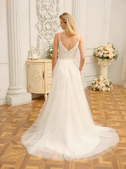 A-Line Spaghetti Strap Floor-Length Wedding Dress - Yihuiw by Yihuiw