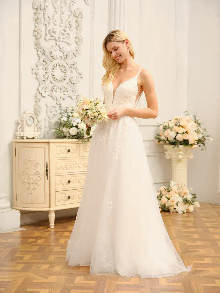 A-Line Spaghetti Strap Floor-Length Wedding Dress - Yihuiw by Yihuiw