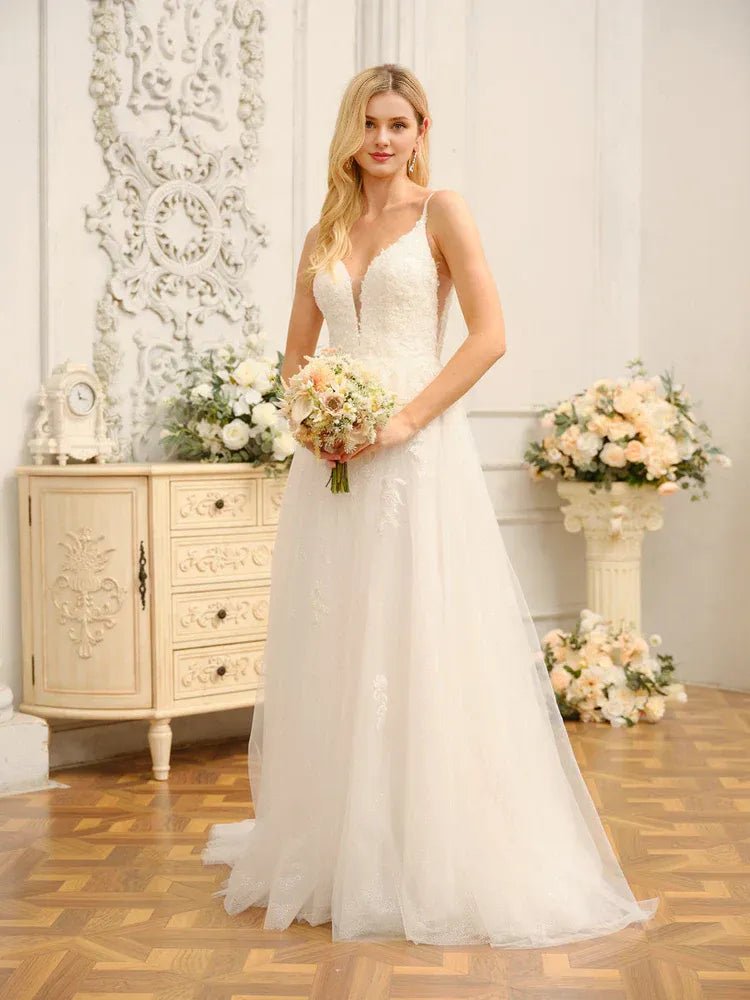 A-Line Spaghetti Strap Floor-Length Wedding Dress - Yihuiw by Yihuiw