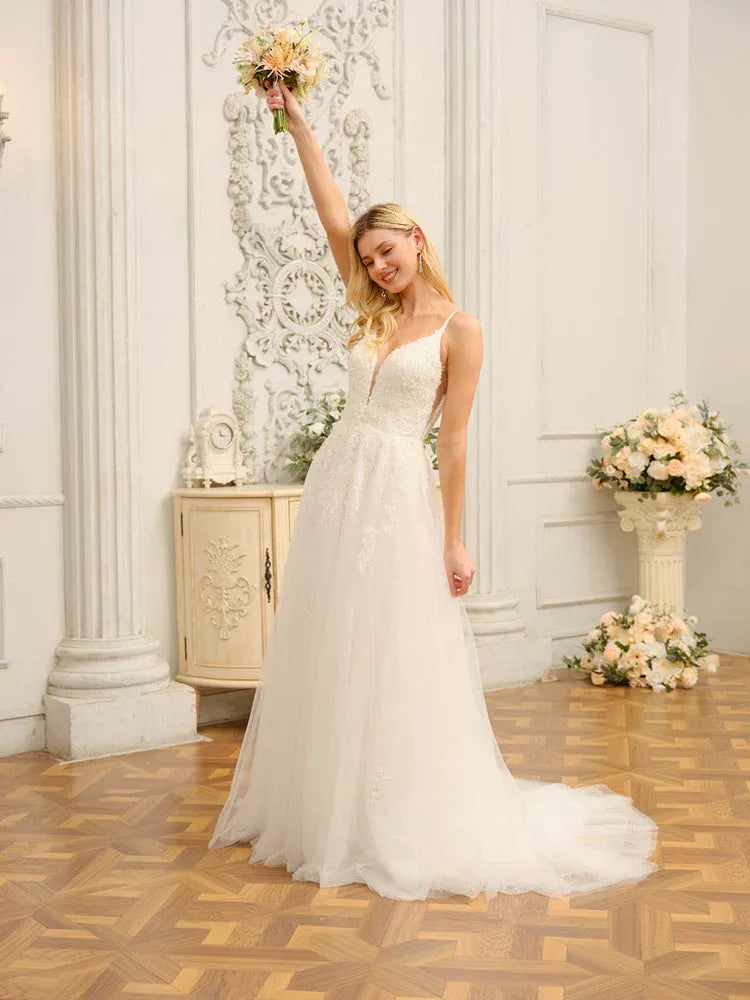 A-Line Spaghetti Strap Floor-Length Wedding Dress - Yihuiw by Yihuiw
