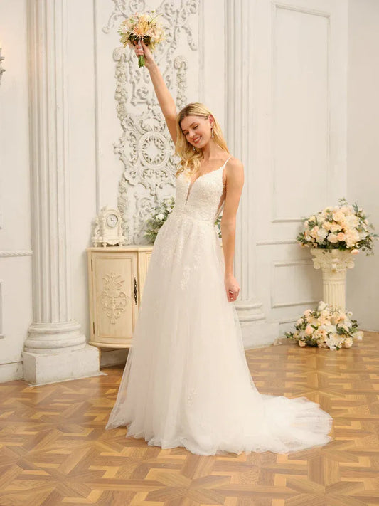 A-Line Spaghetti Strap Floor-Length Wedding Dress - Yihuiw by Yihuiw