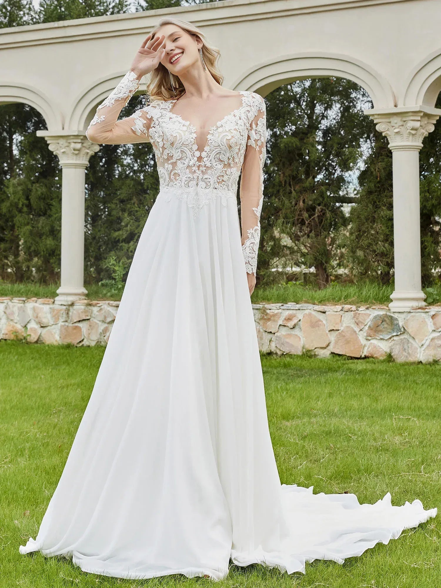 A-Line V-Neck Floor-Length Wedding Dress - Yihuiw by Yihuiw