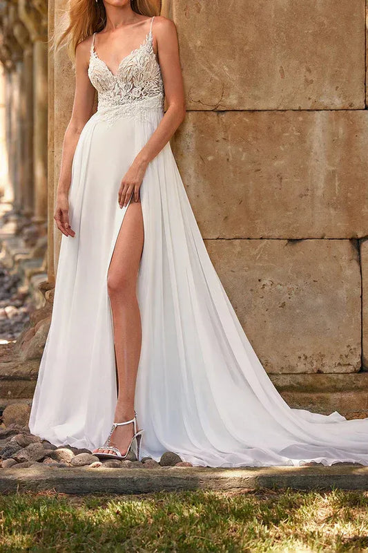 A-Line V-Neck Floor-Length Wedding Dress - Yihuiw by Yihuiw