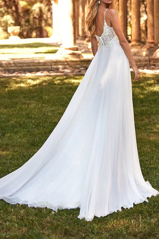 A-Line V-Neck Floor-Length Wedding Dress - Yihuiw by Yihuiw
