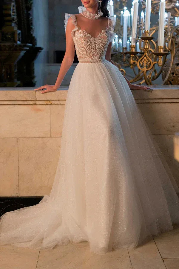 A-Line Illusion Floor-Length Wedding Dress - Yihuiw by Yihuiw