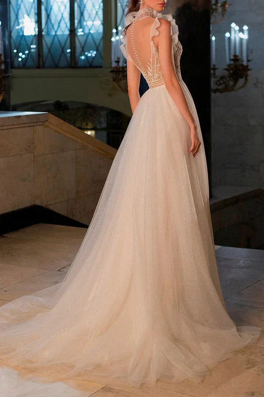 A-Line Illusion Floor-Length Wedding Dress - Yihuiw by Yihuiw