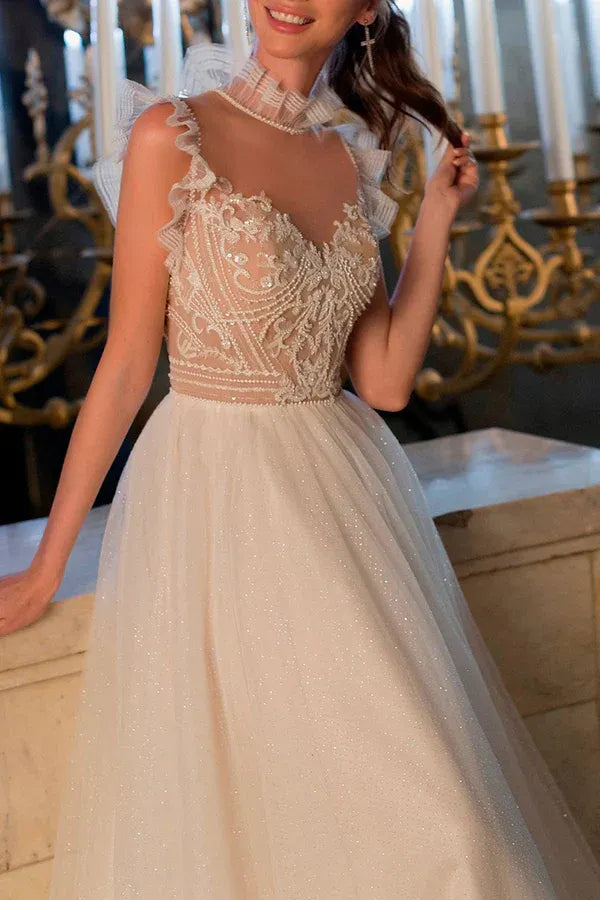 A-Line Illusion Floor-Length Wedding Dress - Yihuiw by Yihuiw