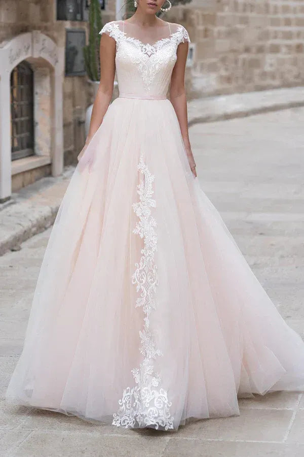 A-Line Illusion Floor-Length Wedding Dress - Yihuiw by Yihuiw