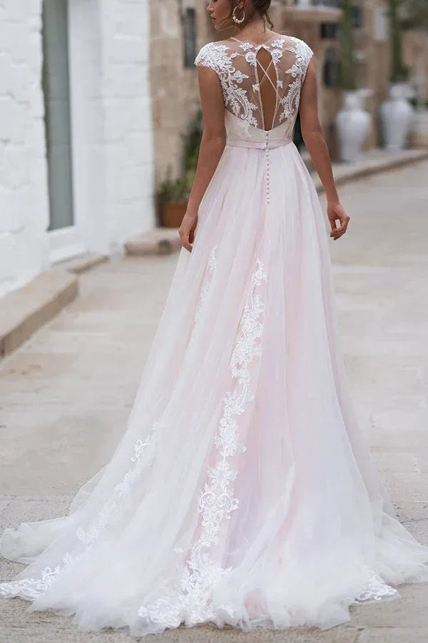 A-Line Illusion Floor-Length Wedding Dress - Yihuiw by Yihuiw