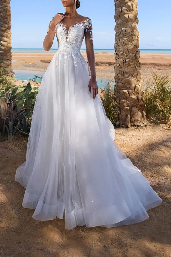 A-Line Illusion Floor-Length Wedding Dress - Yihuiw by Yihuiw