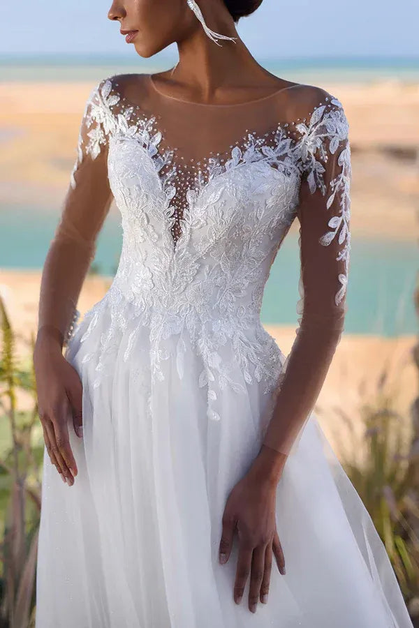A-Line Illusion Floor-Length Wedding Dress - Yihuiw by Yihuiw
