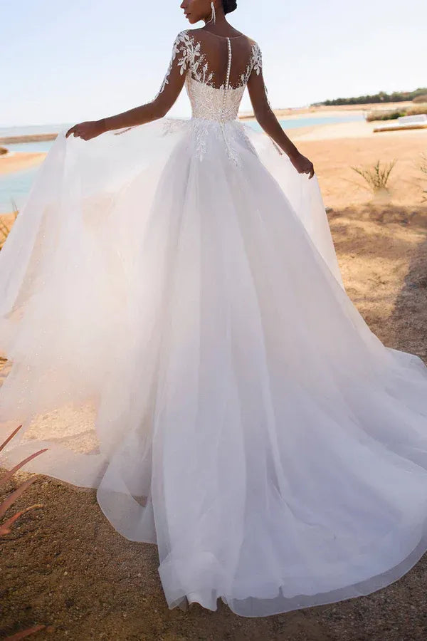 A-Line Illusion Floor-Length Wedding Dress - Yihuiw by Yihuiw