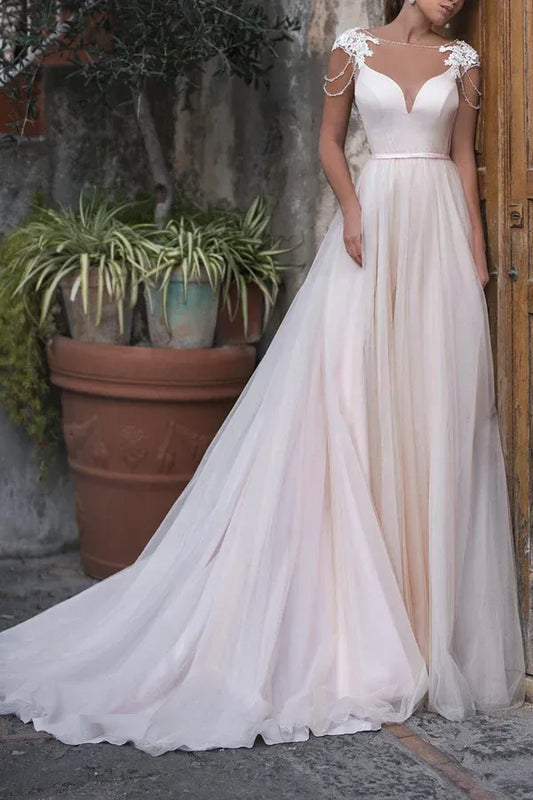 A-Line Illusion Sleeveless Floor-Length Wedding Dress - Yihuiw by Yihuiw