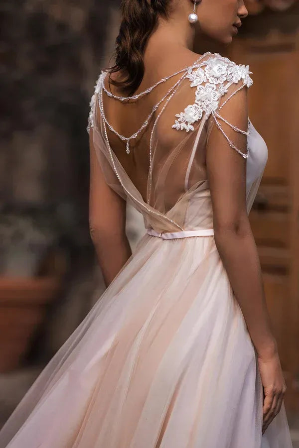 A-Line Illusion Sleeveless Floor-Length Wedding Dress - Yihuiw by Yihuiw