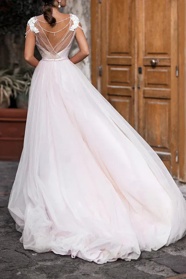 A-Line Illusion Sleeveless Floor-Length Wedding Dress - Yihuiw by Yihuiw