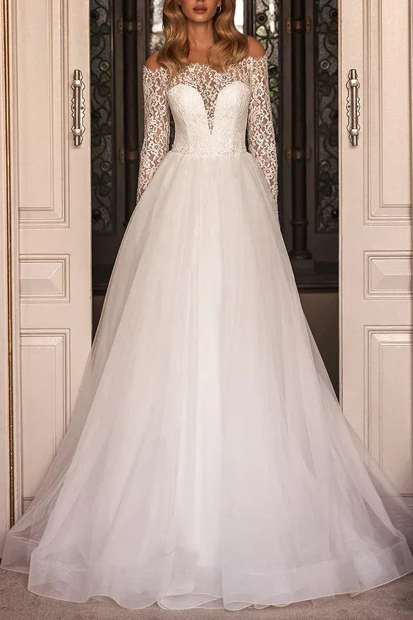 A-Line Illusion Floor-Length Wedding Dress - Yihuiw by Yihuiw