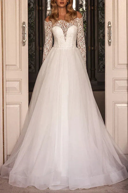 A-Line Illusion Floor-Length Wedding Dress - Yihuiw by Yihuiw