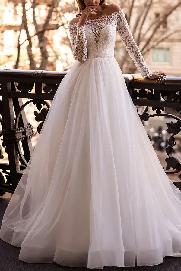 A-Line Illusion Floor-Length Wedding Dress - Yihuiw by Yihuiw