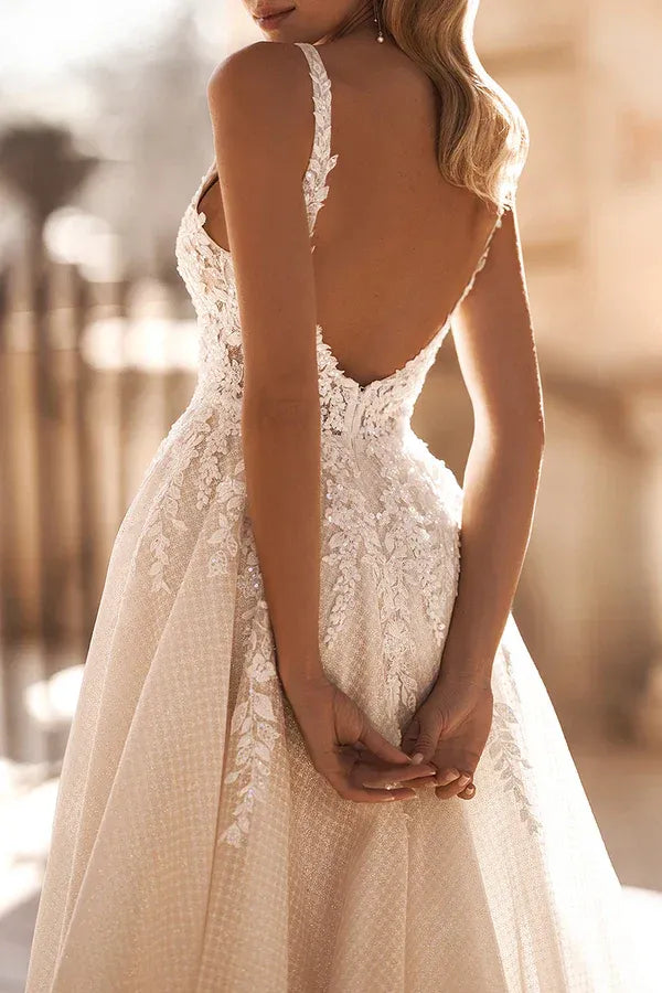 A-Line V-Neck Sleeveless Floor-Length Wedding Dress - Yihuiw by Yihuiw