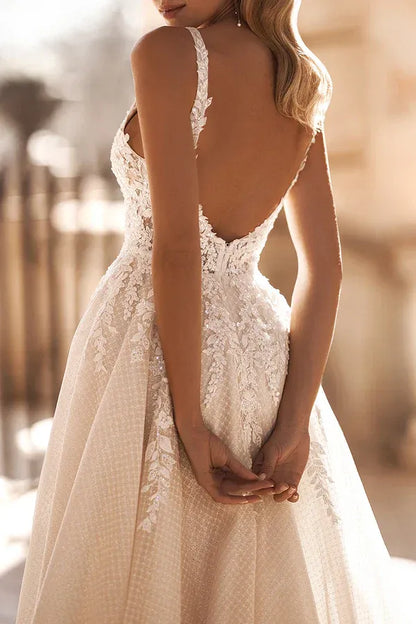 A-Line V-Neck Sleeveless Floor-Length Wedding Dress - Yihuiw by Yihuiw