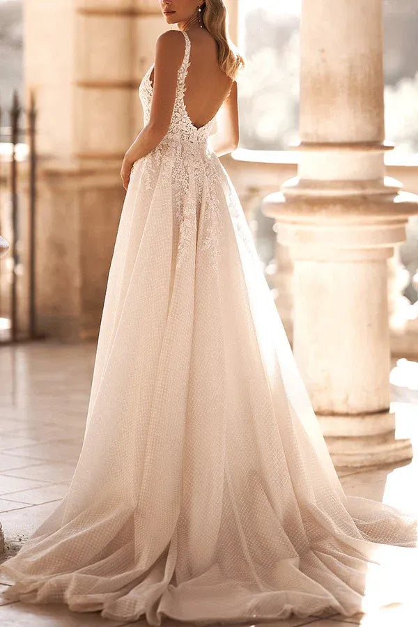 A-Line V-Neck Sleeveless Floor-Length Wedding Dress - Yihuiw by Yihuiw