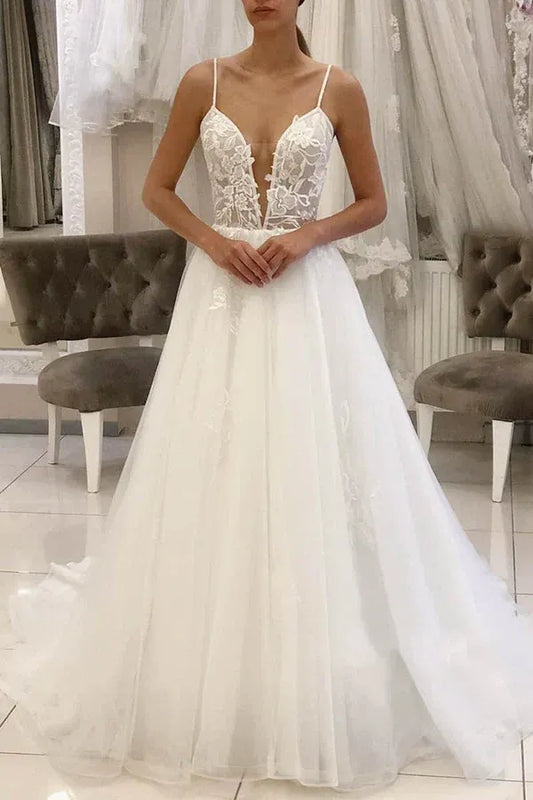 A-Line V-Neck Lace Floor-Length Wedding Dress - Yihuiw by Yihuiw