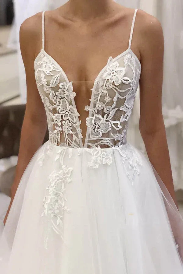 A-Line V-Neck Lace Floor-Length Wedding Dress - Yihuiw by Yihuiw